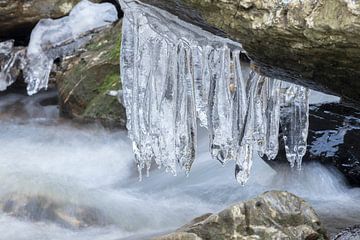 Icicles over a stream by Andrew van der Beek