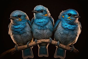 3 vogels op een tak met zwarte achtergrond van Digitale Schilderijen