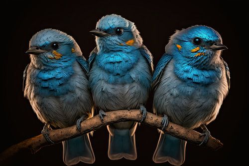 3 vogels op een tak met zwarte achtergrond