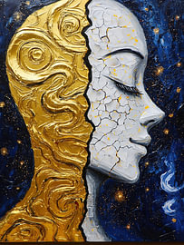 Golden Waves & Indigo Stars - Surrealistisch Vrouwen Portret met Art Deco en Kosmisch Goud Effect
