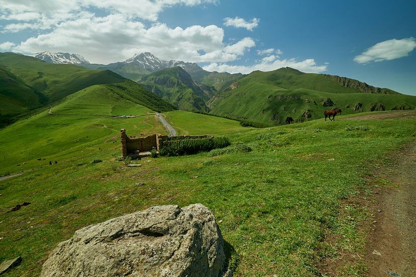 De berg Kazbek of de berg Kazbegi in Stepantsminda, Georgië, bij daglicht van Mohamed Abdelrazek