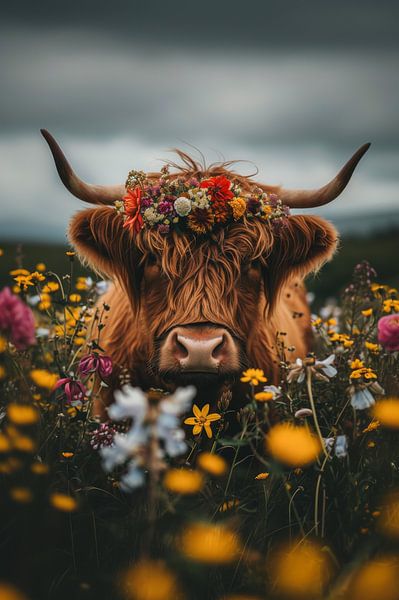 Harmony in Haren - Scottish Highlander in floral display by Eva Lee