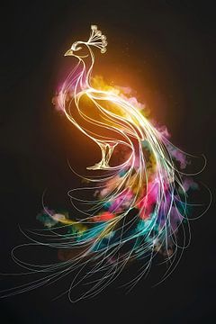 Danse abstraite de lignes colorées de paons sur De Muurdecoratie