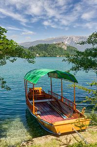 traditionelles Holzboot ( Pletna) am Bleder See