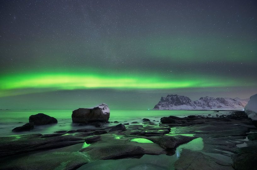 Les aurores boréales dansent au-dessus de la côte des Lofoten par Olga Ilina