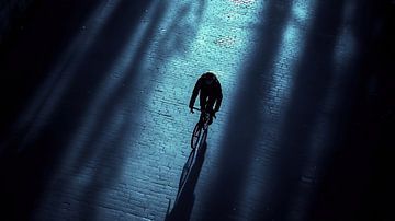 Cyclist on cobblestones at night by Frank Heinz