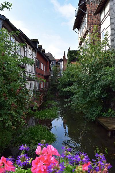 Fachwerkhäuser an einem Fluss in Deutschland an einem sonnigen Sommertag - heiteres Bild jahrhundertealter Architektur von Studio LE-gals