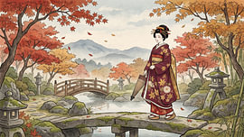 Eine Geisha im Herbst, die unter Ahornbäumen an einem stillen Teich entlanggeht von my pixel art