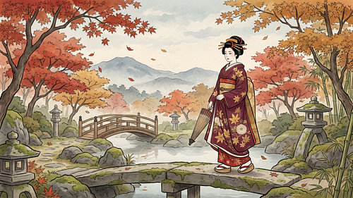 Eine Geisha im Herbst, die unter Ahornbäumen an einem stillen Teich entlanggeht