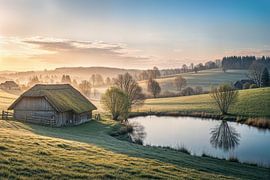 Schuur en vijver in landelijk landschap bij zonsopgang van Markus Gann