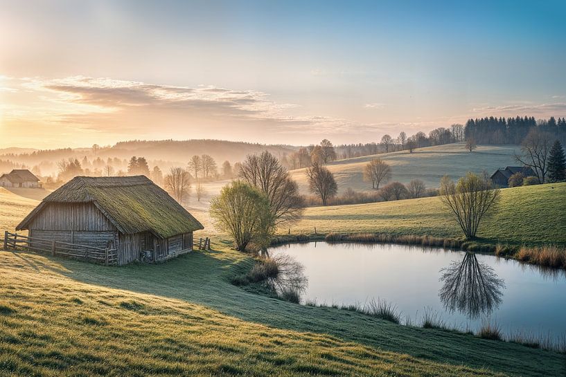 Barn and Pond in Rural Landscape at Sunrise by Markus Gann