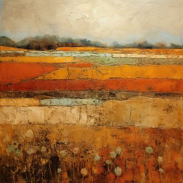 Abstract Landschap Schilderij - Warme Oranje en Bruine Tinten Kunstwerk van De Mooiste Kunst