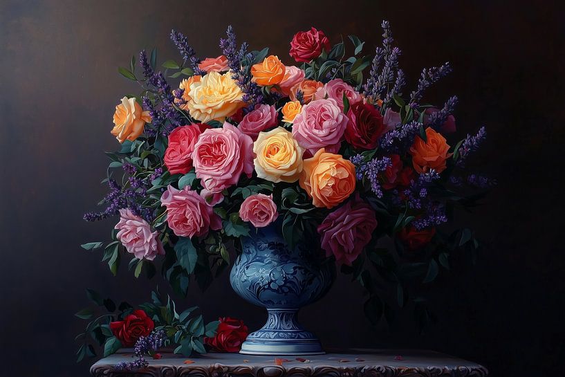 Barocke Rosenkomposition in blauer Delft-Vase von MArt