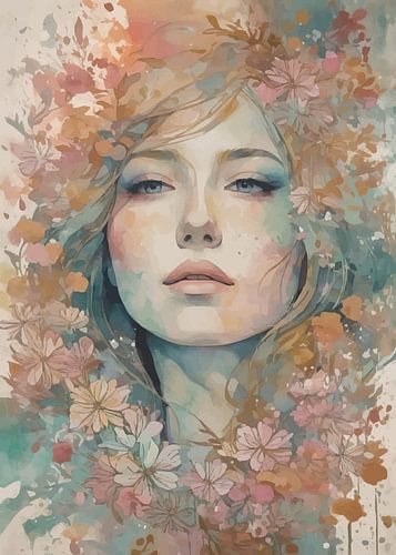 Abstract surrealisme van meisje met bloemen Portret