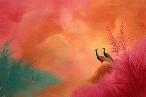Paons dans un paysage coloré