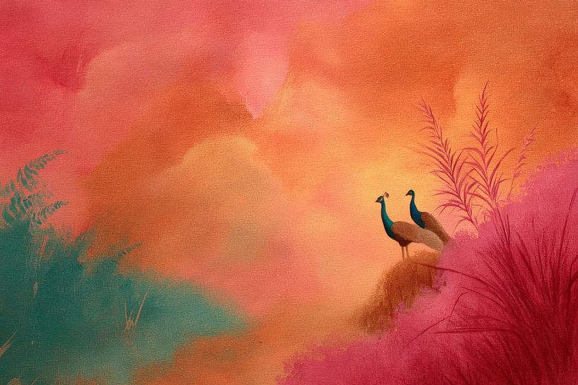Peacocks in a colourful landscape by Digitale Schilderijen