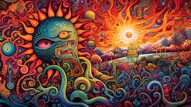 Planet mit seltsamen bunten Kreaturen, psychedelisch, surreal von Jan Bechtum