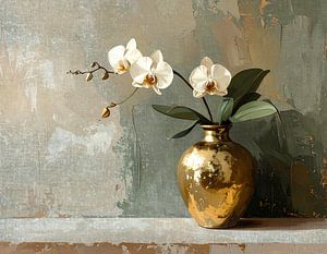 Minimalistische Malerei Orchidee mit goldenen Vase und Armee grünem Hintergrund
