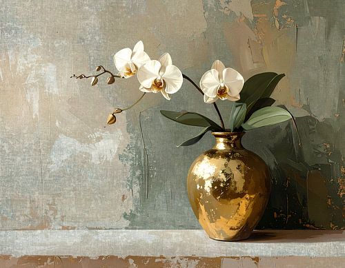 Minimalist painting orchid with gold vase and army green background by Emiel de Lange