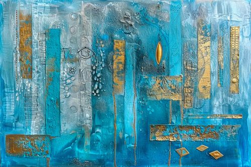 Turquoise Abstract Schilderij - Goudaccenten, Symbolen en Mediterrane Textuur