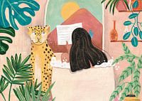 Woman bathing in pink tropical bathroom