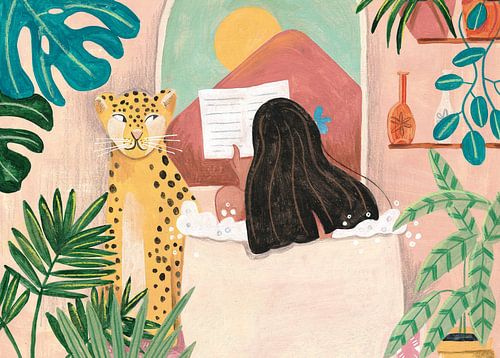 Femme se baignant dans une salle de bain tropicale rose