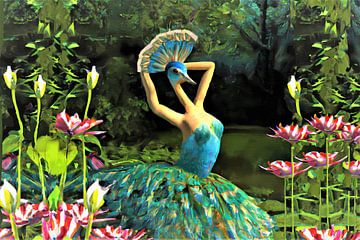 Peacock ballerina in flower garden by Maud De Vries