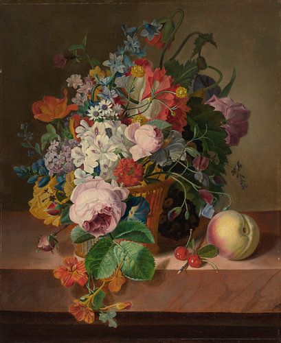 Stilleven met bloemen in een mand en perzik, Jan Frans Van Dael