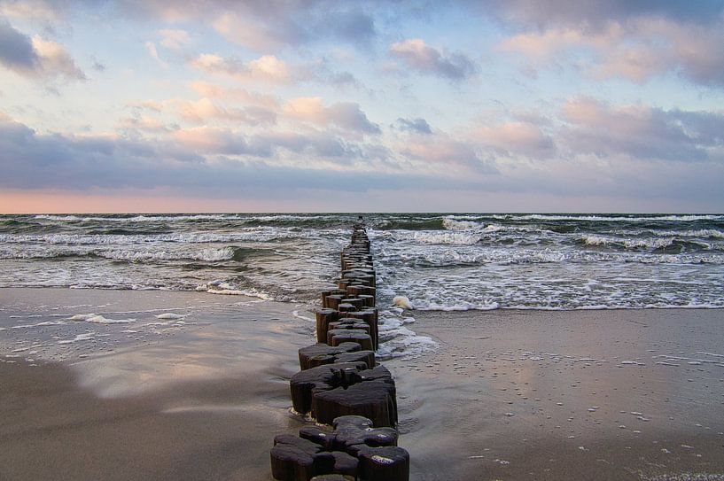Groynes at the beach of Zingst on Fischland Darß. The groynes rise above the sea into the horizon. by Martin Köbsch