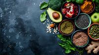 Healthy food clean eating selection: fruit, vegetable, seeds, superfood, cereals, leaf vegetable on grey copy space