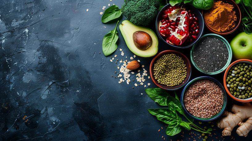 Healthy food clean eating selection: fruit, vegetable, seeds, superfood, cereals, leaf vegetable on grey copy space by de-nue-pic