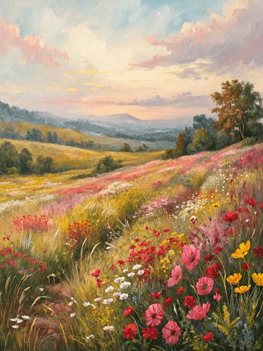 Peinture à l'huile de style impressionniste représentant une prairie de fleurs sauvages sur une colline vallonnée