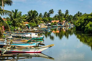 Vissersboten in de Negombo Lagoon in Sri Lanka onder een bewolkte hemel van Dieter Walther