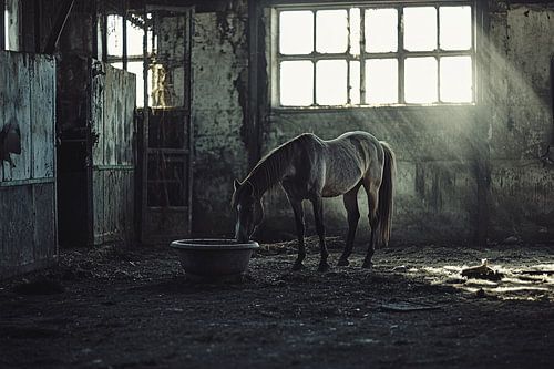Eenzaam paard in oude schuur