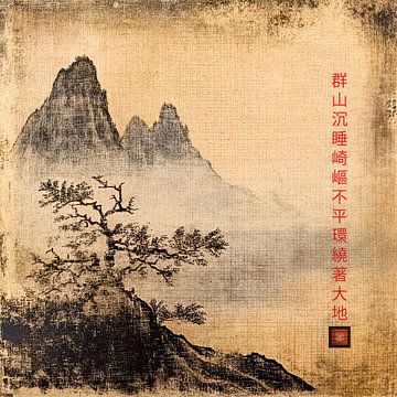 Berg en boom in de mist Aziatisch Zen landschap van Vlindertuin-Art