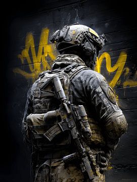 Homme en tenue de camouflage avec un fusil devant un mur sur MNS Designs