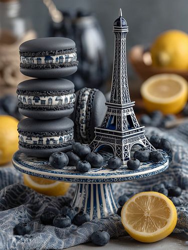 Delft Blue Still Life featuring the Eiffel Tower, Macarons, Blueberries and Lemons