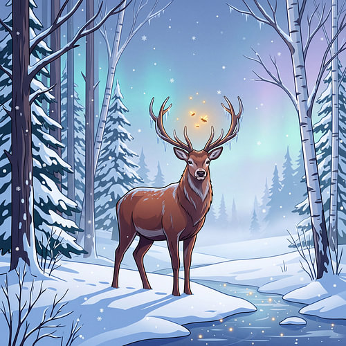 Majestätische Hirsche in einem verzauberten, verschneiten Wald – Illustration einer Winterfantasie.