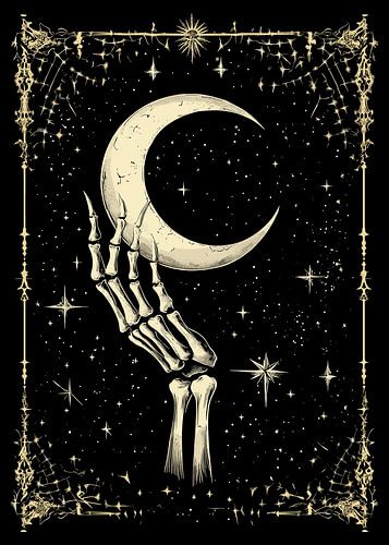 Skelettenhand met maansikkel in sterrenhemel
