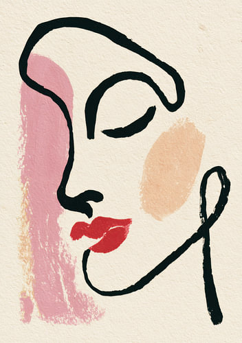 Minimalist illustration of a face in black, pink and red