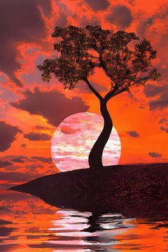 Flammend roter Sonnenuntergang mit stehender Baumsilhouette von Maud De Vries