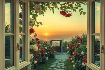 Vue depuis la fenêtre sur le jardin d'Eden avec des roses