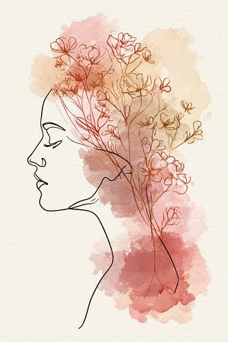 Bloeiende Gedachten – Elegant Vrouwelijk Portret in Aquarel