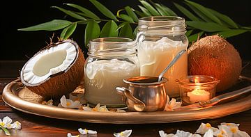 Spa-Stillleben mit Kokosnussöl-Hintergrund von Animaflora PicsStock