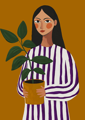 Grüner Daumen – moderne Illustration einer Frau und ihrer Pflanze, Herbstfarben III