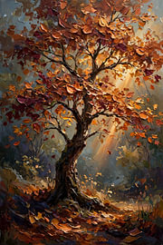 Impasto-olieverfschilderij van een goudkleurige herfstboom in het zonlicht
