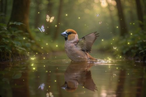 Birkenzeisig im sanften Wasserlicht
