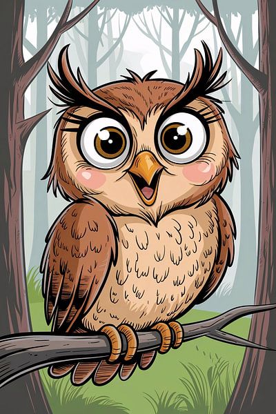 Cheerful owl on tree branch by Art & Soul Creations