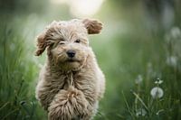 Laufender Welpe doodle zwischen dem Löwenzahn im Gras