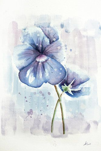 Fraaie wanddecoratie. Aquarel schilderij van een lila paars viooltje. Deze kleurige bloemen staan mo